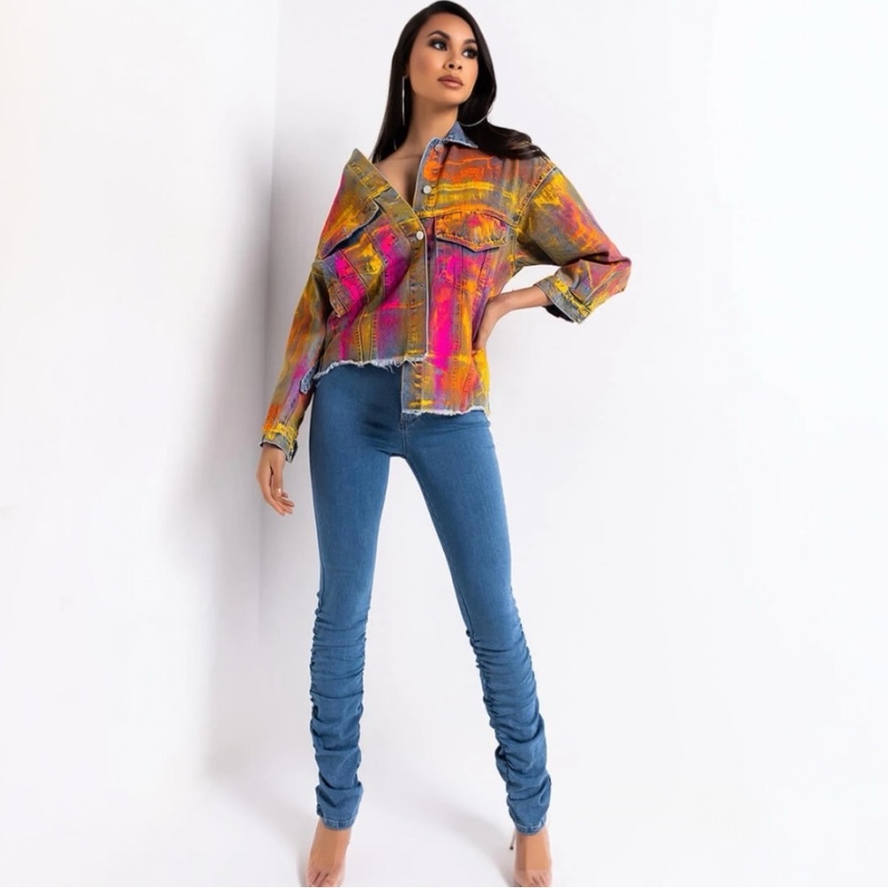 Beulah Splattered Paint Pollock Painted Oversized Distressed Denim Jean Jacket - Picture 2 of 16
